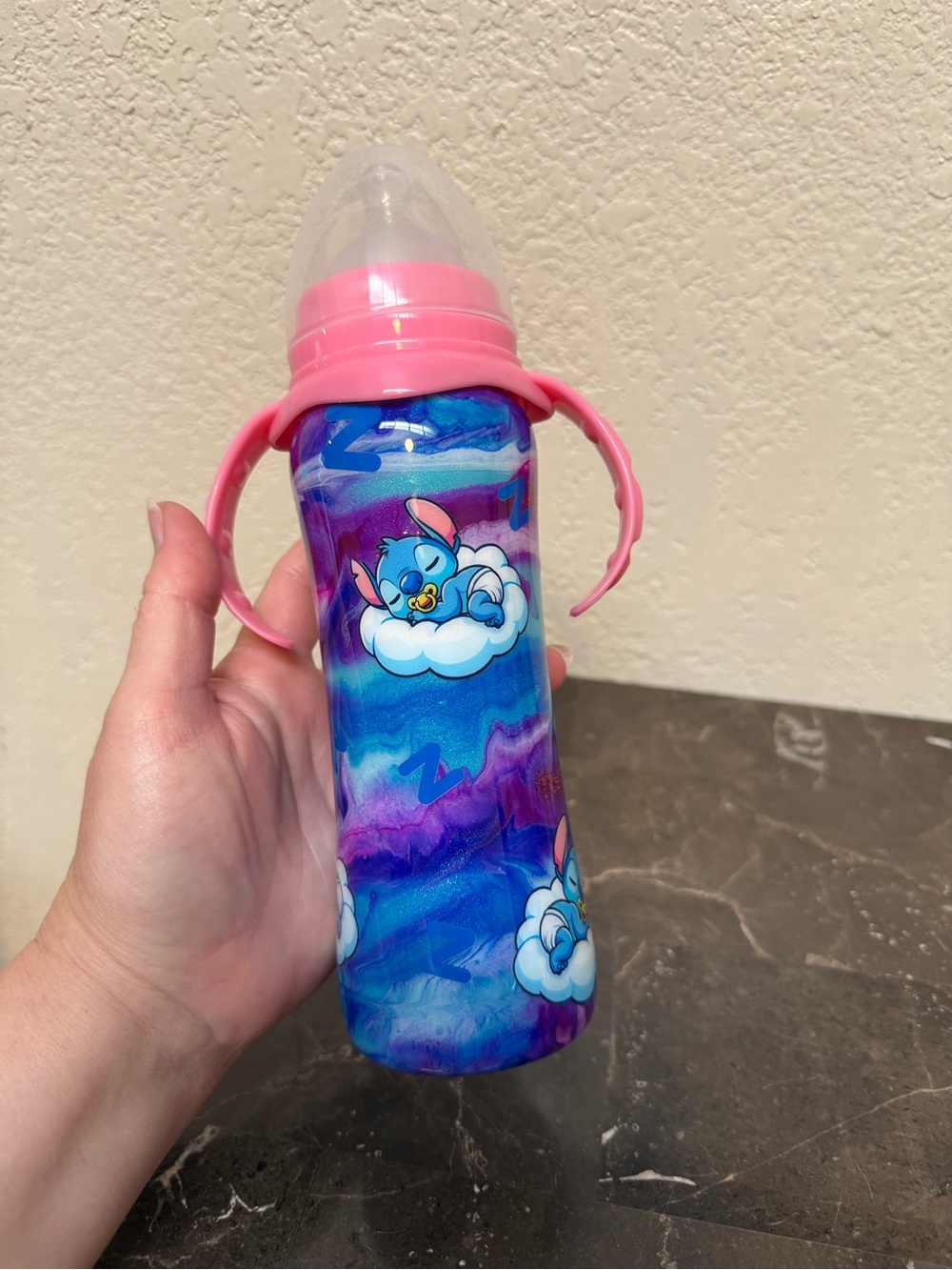 Sleepy Time Stitch Marble Glitter Keep Cold 12 Oz Baby Bottle Personalized